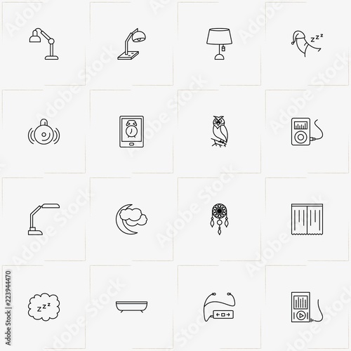 Sleep line icon set with crescent , mobile alarm  and music player