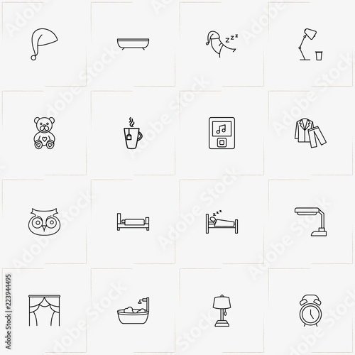 Sleep line icon set with sleeping, bath and bed