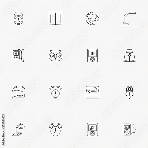 Sleep line icon set with brooch , bed and curtain