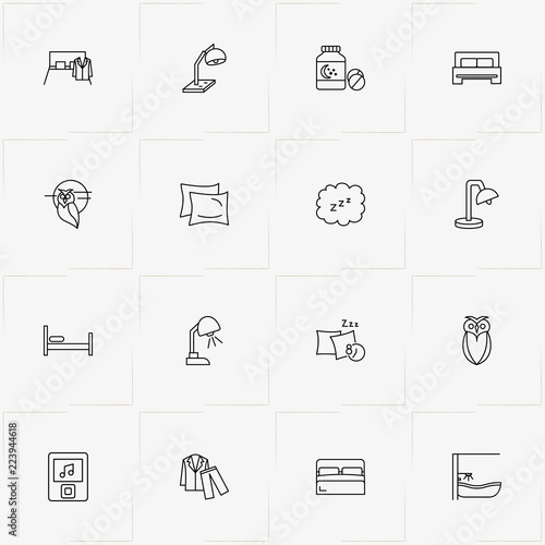 Sleep line icon set with nightgown , owl and table lamp