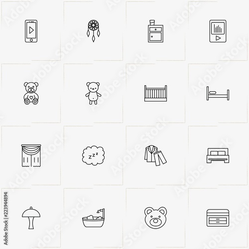 Sleep line icon set with bed, music player and nightgown