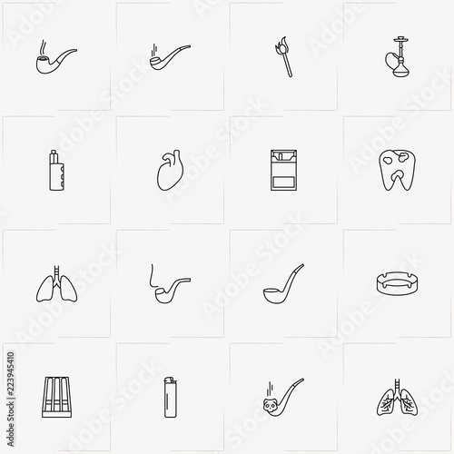 Smoking line icon set with lungs, human heart  and ashtray