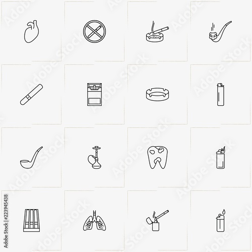Smoking line icon set with no smoking, ashtray  and human heart