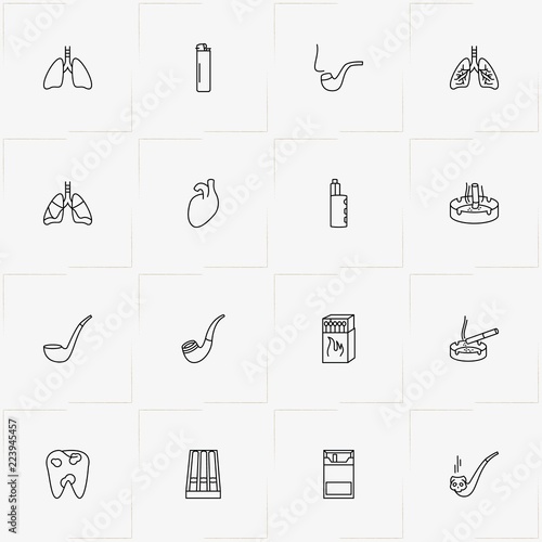 Smoking line icon set with human heart , cigars  and ashtray