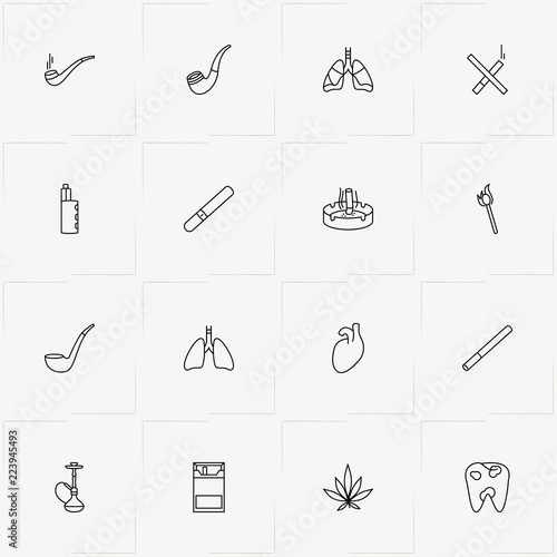Smoking line icon set with hookah , cigarette box  and ashtray