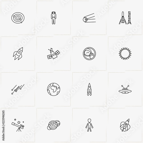 Space line icon set with universe, sun and jupiter planet
