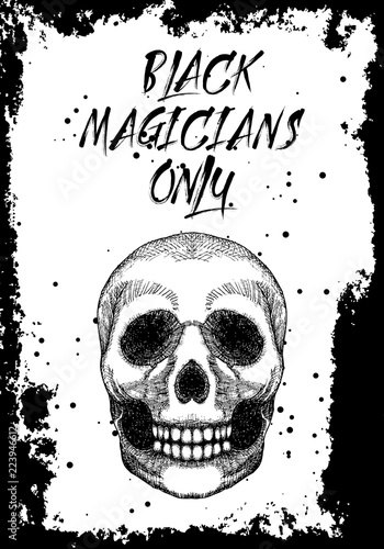 Halloween night card with skull.  Hand drawn black invitation flyers or greeting card with lettering or text. Vector.