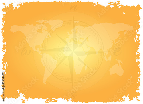 Great detailed illustration of the world map in vintage style imitation on old parchment background with wind rose or compass. Pirate map game concept. Travel adventure. Vector.