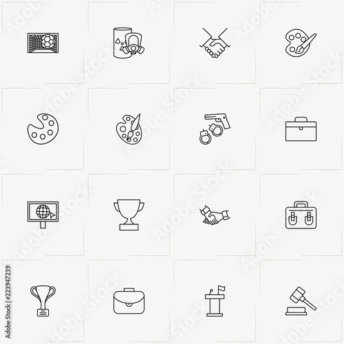 Spheres Of Life line icon set with case, tribune and trophy