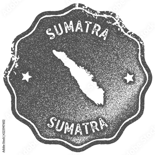 Sumatra map vintage stamp. Retro style handmade label, badge or element for travel souvenirs. Grey rubber stamp with island map silhouette. Vector illustration.