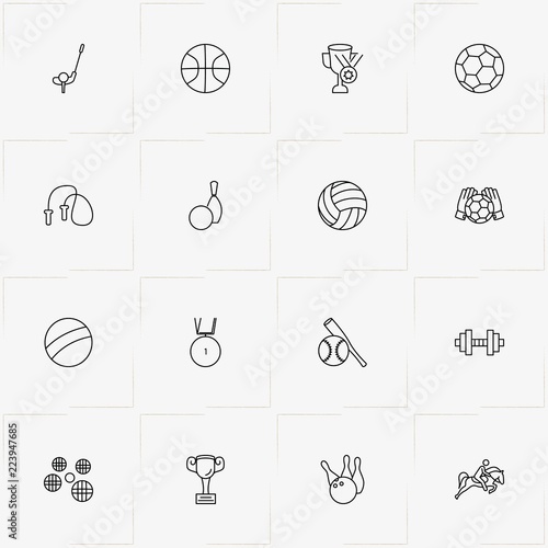 Sport line icon set with medal, baseball bat and volleyball