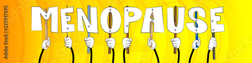 Diverse hands holding letters of the alphabet created the word Menopause. Vector illustration.