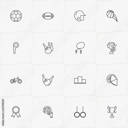 Sport line icon set with award ribbon , bowling and winner stand