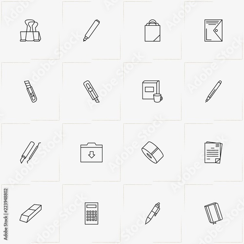Stationery line icon set with book, cutter and eraser
