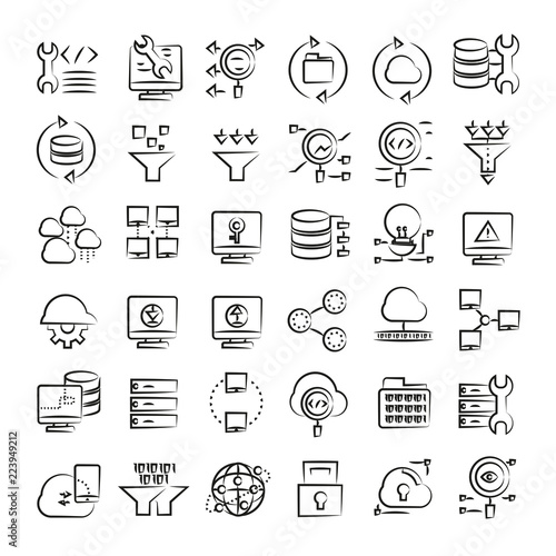 network and cloud computing icons, hand drawn icons