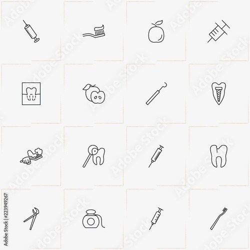 Stomatology line icon set with syringe, nippers of dentist  and teeth brush