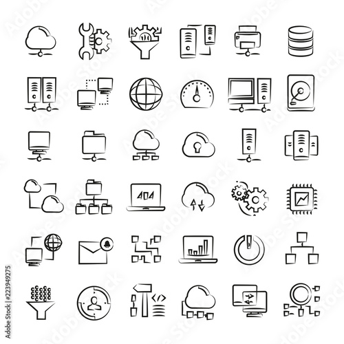 network and cloud computing icons, hand drawn icons