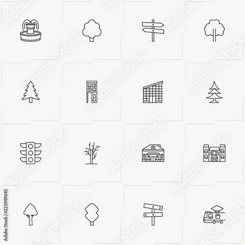 Street line icon set with trolleybus , fountain  and building