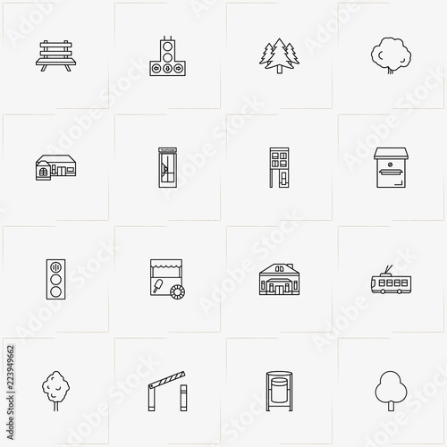 Street line icon set with tree, barrier and street recycle bin