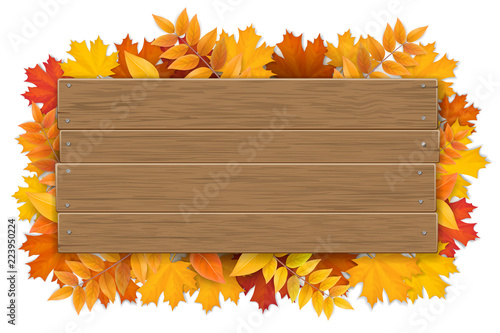 Empty wooden sign with space for text on a background of maple tree leaves. The template for a banner or an advertisement for a autumn seasonal discount.