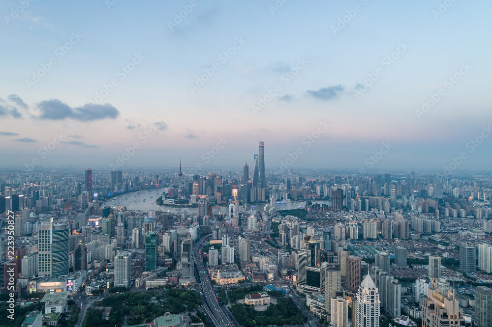 Aerial View of Yanan Rd, Jingan district, Shanghai in the evening