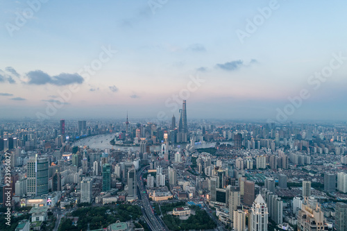 Aerial View of Yanan Rd  Jingan district  Shanghai in the evening