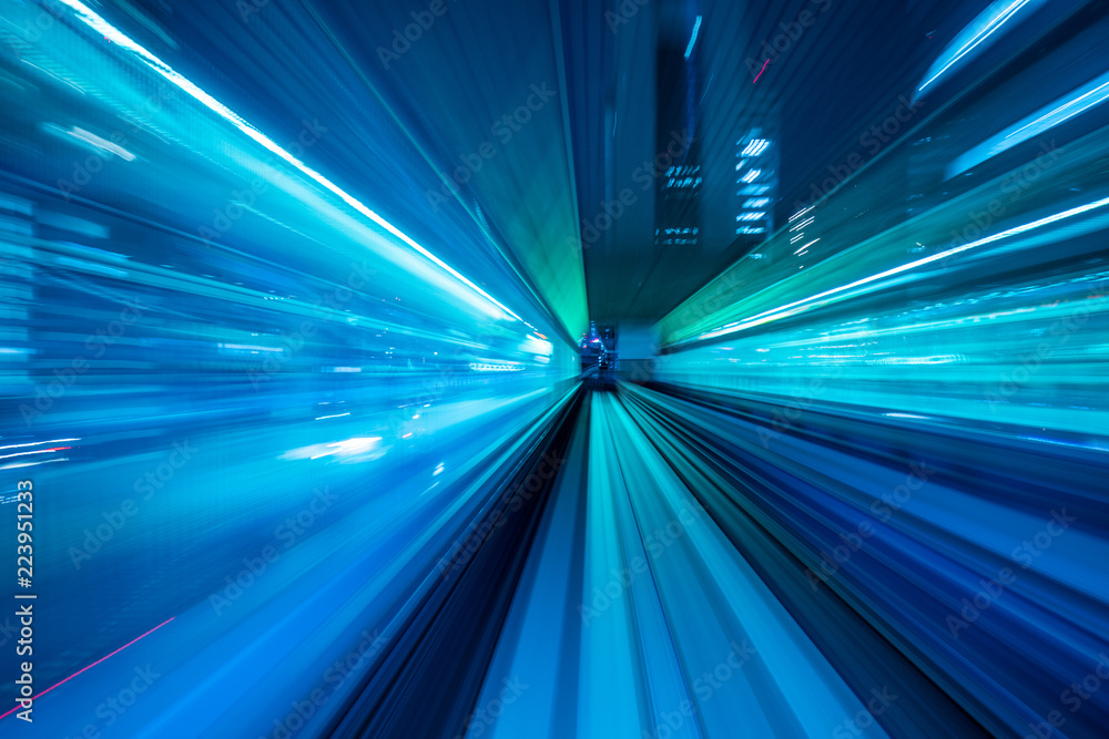 Fototapeta premium Motion blur from Yurikamome Line moving inside tunnel in Tokyo, Japan