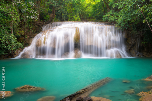Erawan Waterfall in Thailand is locate in Kanchanaburi Provience. This waterfall is in Erawan national park © happystock