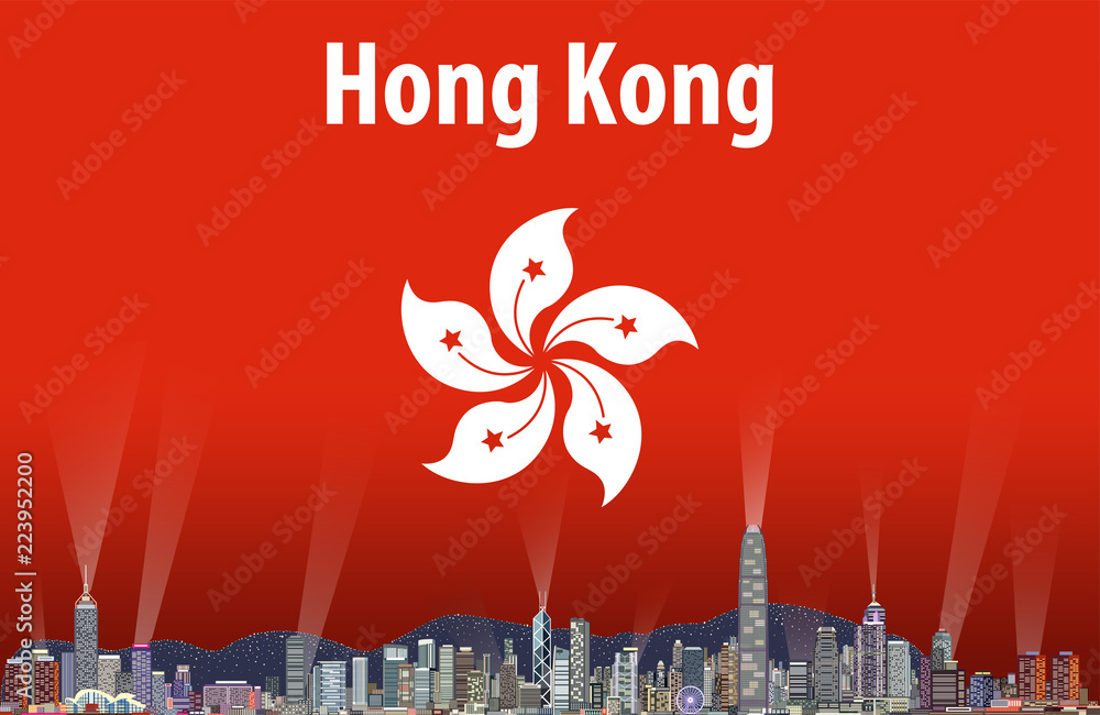 Fototapeta premium Hong Kong city skyline with flag of Hong Kong on background vector illustration