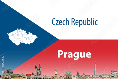 Prague city skyline with flag and map of Czech Republic on background. Vector illustration