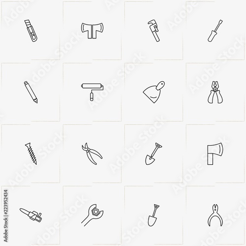 Tools line icon set with shovel, nippers and pencil