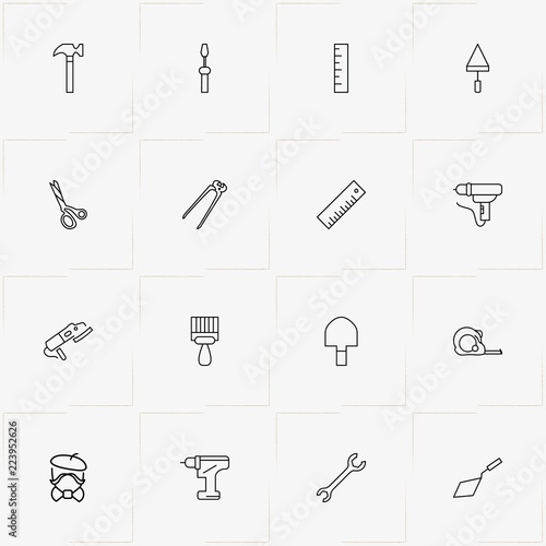 Tools line icon set with grinder, nippers and putty knife
