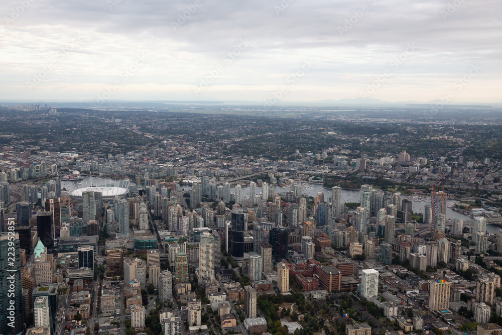 Vancouver, BC, Canada - August 31, 2018: Aerial view of Downtown City.