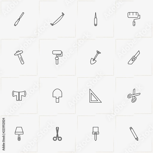 Tools line icon set with scissor, putty knife and hatchet