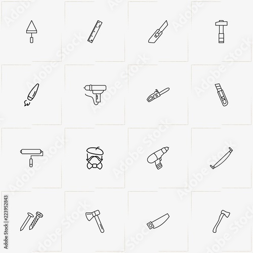 Tools line icon set with drill , saw and kneading shovel