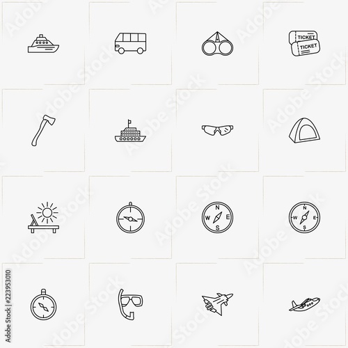 Tourism line icon set with ship, deck chair  and bus