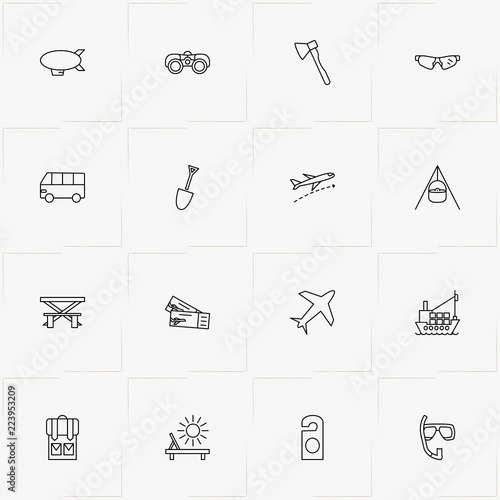Tourism line icon set with binocular, deck chair  and airplane tickets