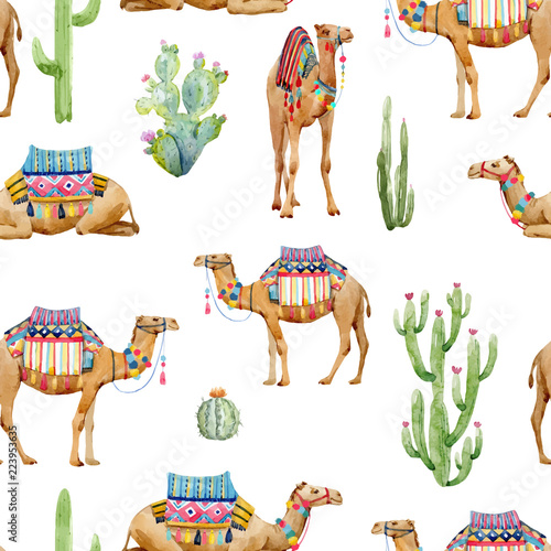 Watercolor camel vector pattern