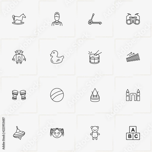 Toys line icon set with duck toy , geometric toy  and scooter toy