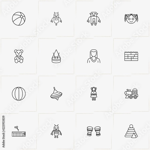 Toys line icon set with baby synthesizer, girl  and teddy bear