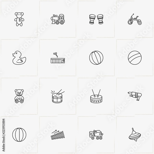 Toys line icon set with water gun , baby bear toy and drum