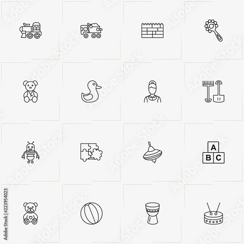 Toys line icon set with robot, whirligig and puzzle