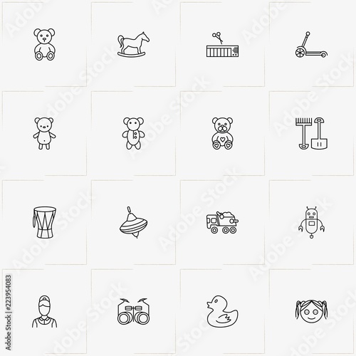 Toys line icon set with whirligig, baby duck and teddy bear