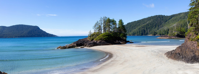 Beautiful panoramic view of sandy beach on Pacific Ocean Coast. Taken in San Josef Bay, Cape Scott Provincial Park, Northern Vancouver Island, BC, Canada.