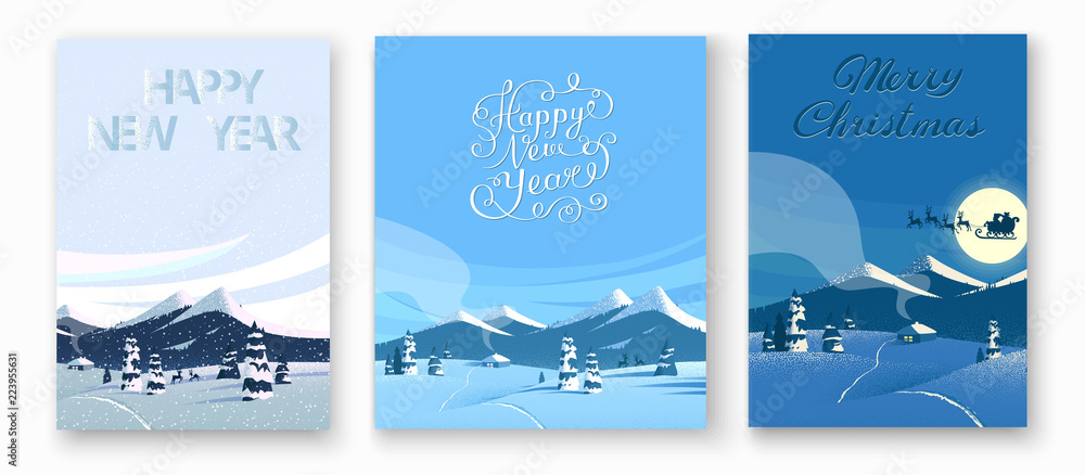 Set of Happy New Year and Merry Christmas greeting cards.