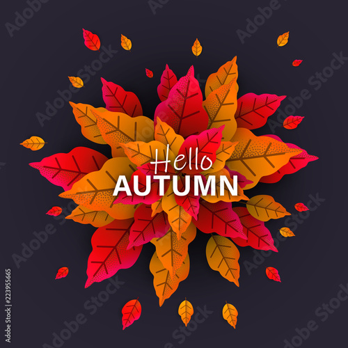 Hello autumn poster with bouquet of orange leaves.