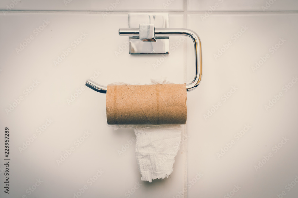 Fototapeta premium Empty toilet paper roll in public restroom