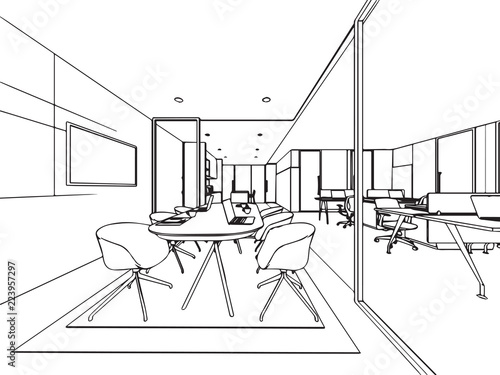 interior outline sketch drawing perspective office