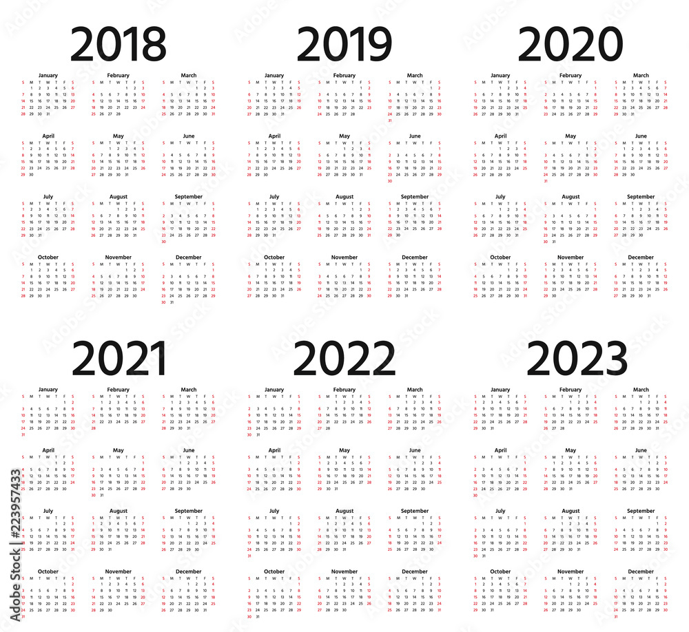 Vecteur Stock Calendar 18 19 21 22 23 Year Week Starts Sunday Vector Stationery 19 Vertical Template In Simple Minimal Design Yearly Calendar Organizer For Weeks Portrait Orientation Adobe Stock