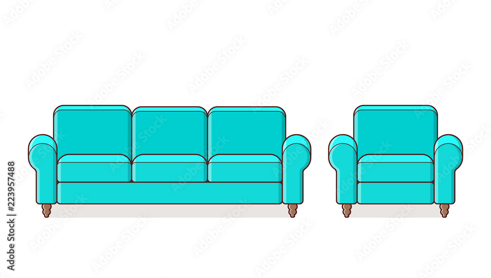 Sofa, couch, armchair linear icon. Vector. Outline furniture in line art flat  design. Cartoon turquoise house equipment for living room isolated on white  background. Animated set elements for lounge. vector de Stock